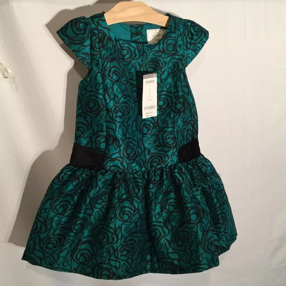 Green black drop waste bow detailed dress NWT